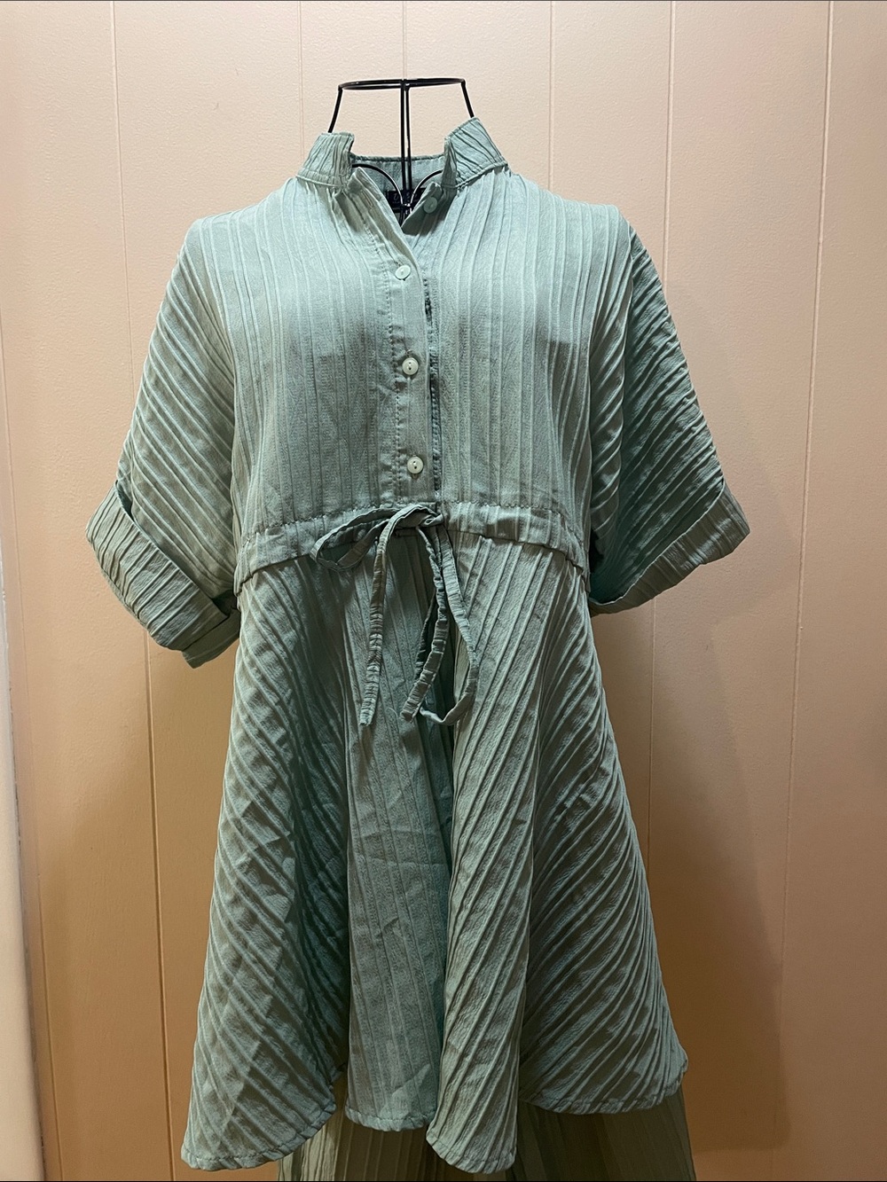 Pleated Tie-Waist Tunic Top in Sage Green with short pleated